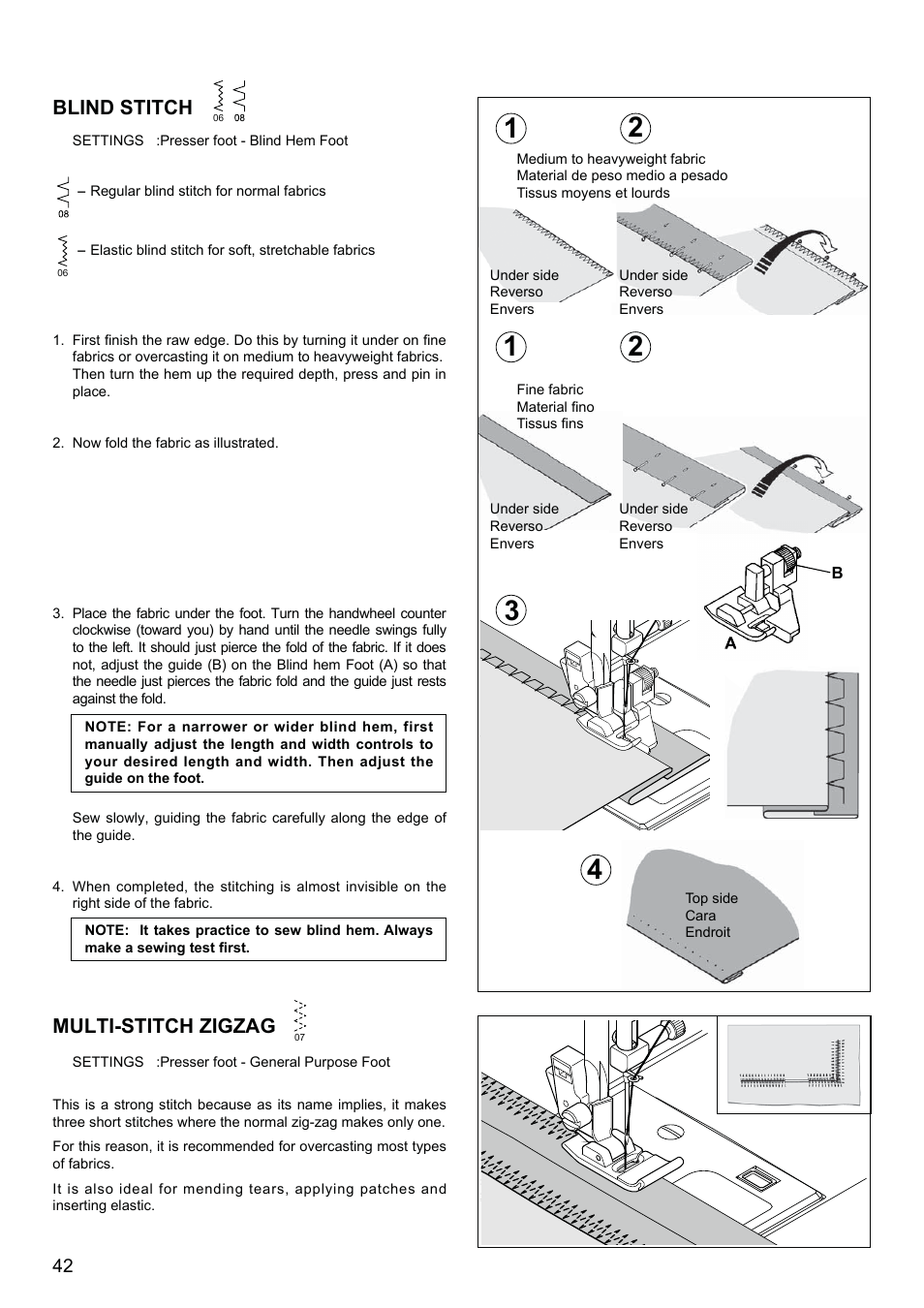 Blind stitch, Multi-stitch zigzag | SINGER XL-580 User Manual | Page 44 / 136