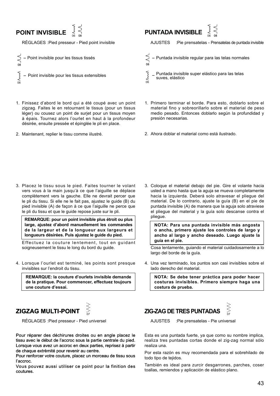 Point invisible, Puntada invisible, Zigzag multi-point | Zig-zag de tres puntadas | SINGER XL-580 User Manual | Page 45 / 136