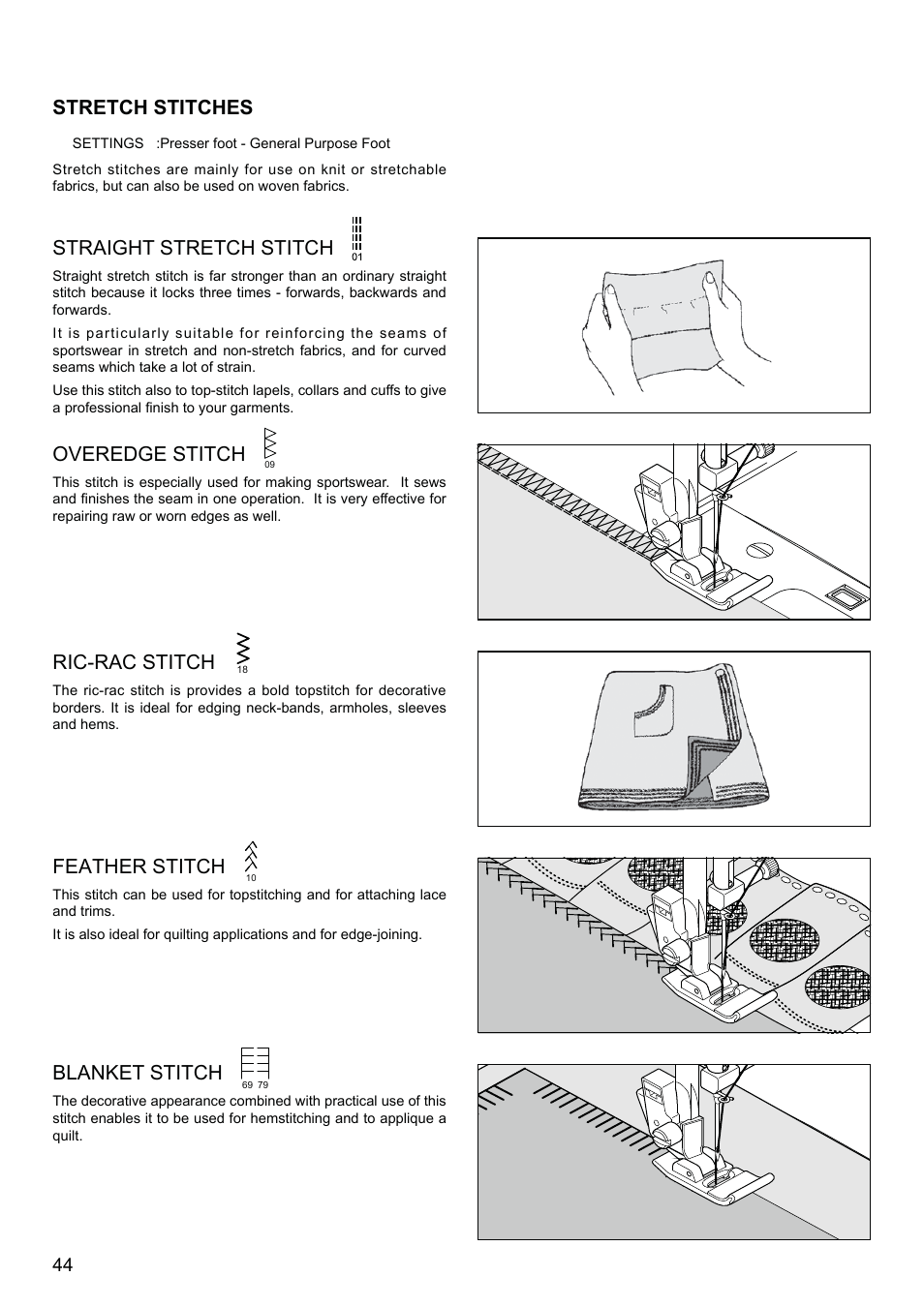 Stretch stitches, Straight stretch stitch, Overedge stitch | Ric-rac stitch, Feather stitch, Blanket stitch | SINGER XL-580 User Manual | Page 46 / 136