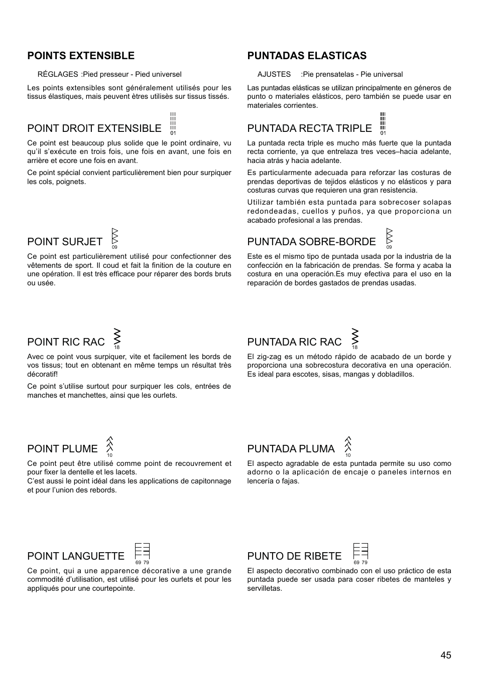 Point plume, Puntada pluma, Point languette | Punto de ribete, Point ric rac, Puntada ric rac, Points extensible, Point droit extensible, Puntadas elasticas, Puntada recta triple | SINGER XL-580 User Manual | Page 47 / 136