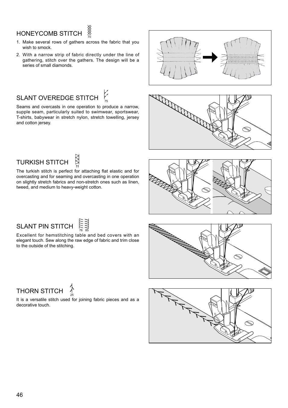 Thorn stitch, Honeycomb stitch, Slant overedge stitch | Turkish stitch, Slant pin stitch | SINGER XL-580 User Manual | Page 48 / 136