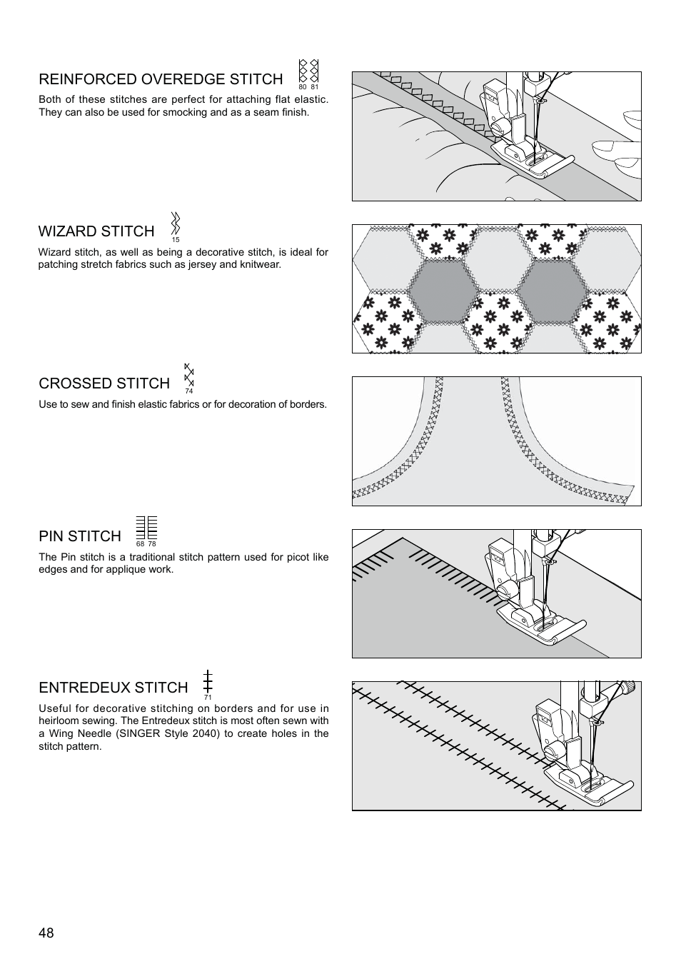 Reinforced overedge stitch, Crossed stitch, Pin stitch | Entredeux stitch, Wizard stitch | SINGER XL-580 User Manual | Page 50 / 136