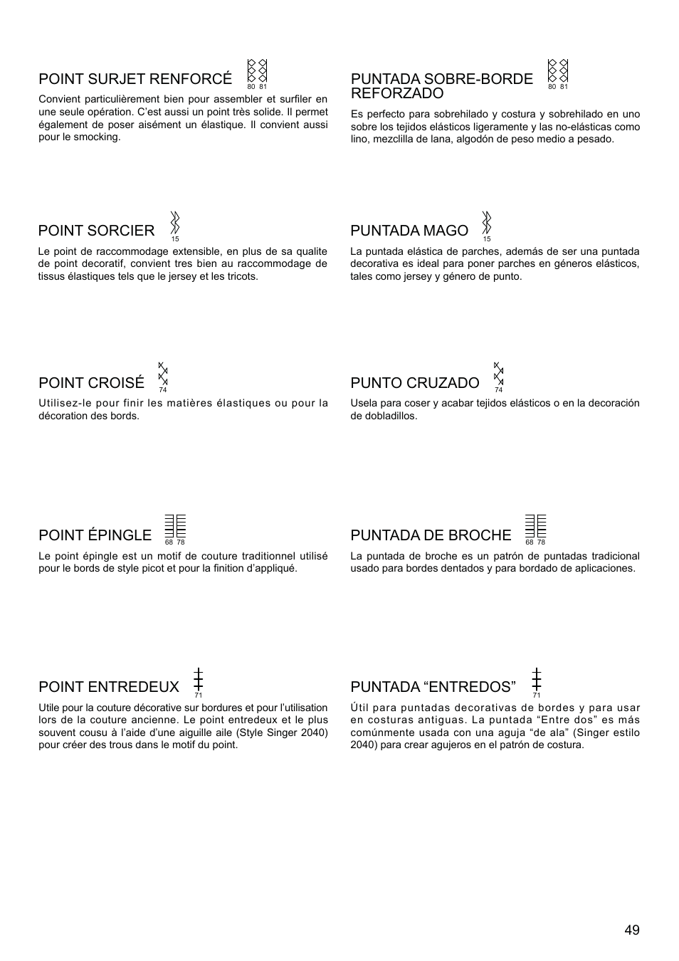 Point croisé, Punto cruzado, Point épingle | Puntada de broche, Point entredeux, Puntada “entredos, Point surjet renforcé, Point sorcier, Puntada sobre-borde reforzado, Puntada mago | SINGER XL-580 User Manual | Page 51 / 136