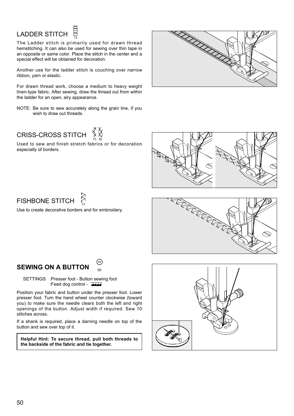 Ladder stitch, Criss-cross stitch, Sewing on a button | Fishbone stitch | SINGER XL-580 User Manual | Page 52 / 136