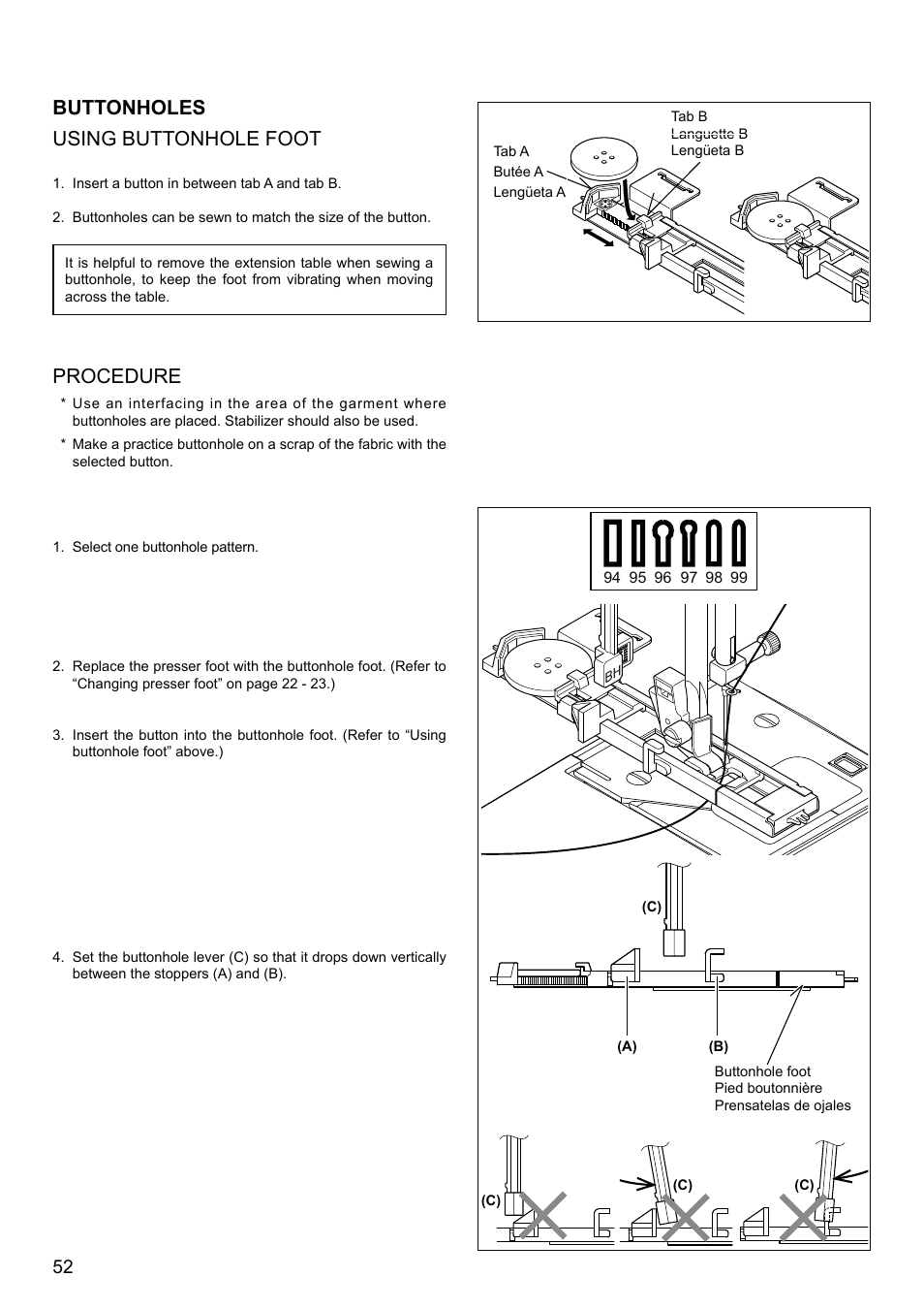 Buttonholes using buttonhole foot, Procedure | SINGER XL-580 User Manual | Page 54 / 136