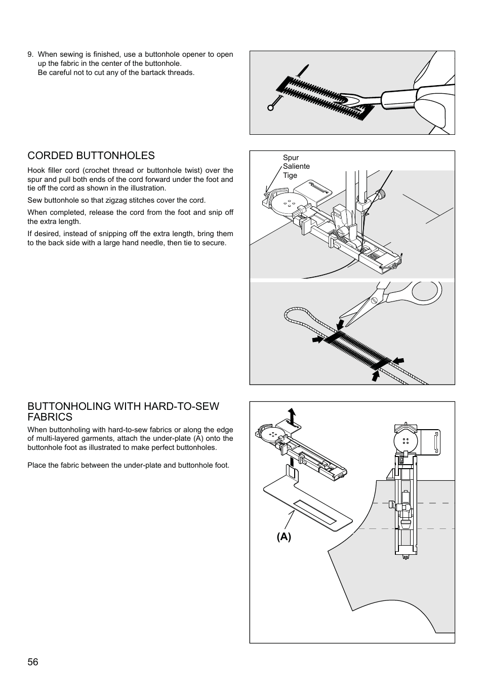 Corded buttonholes, Buttonholing with hard-to-sew fabrics | SINGER XL-580 User Manual | Page 58 / 136