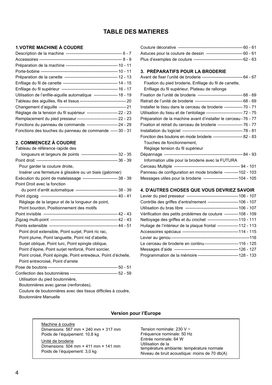 Table des matieres | SINGER XL-580 User Manual | Page 6 / 136