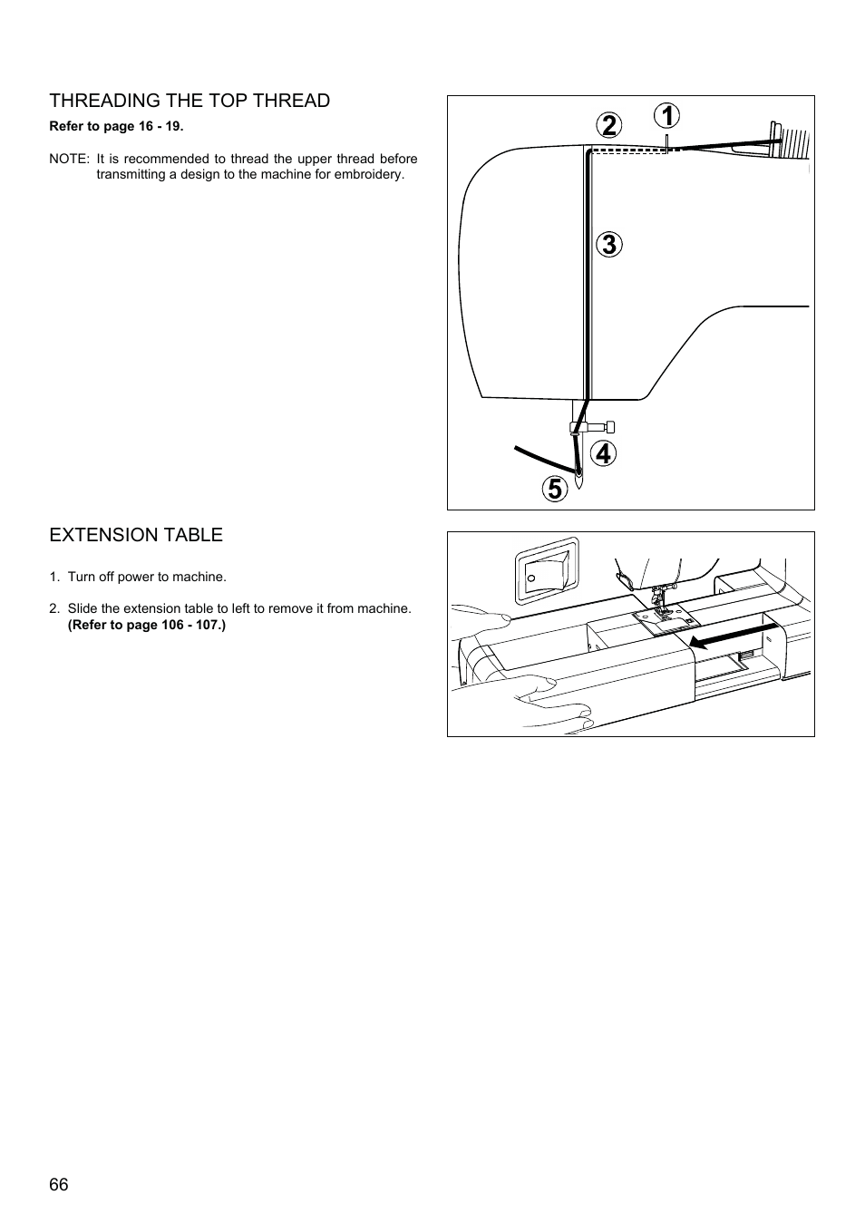 Threading the top thread, Extension table | SINGER XL-580 User Manual | Page 68 / 136