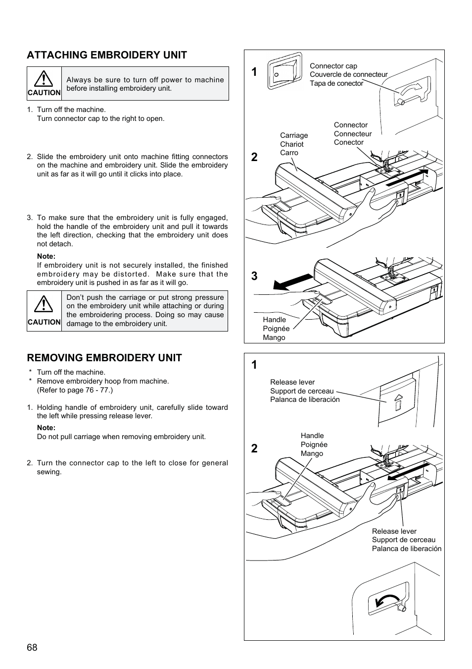 Attaching embroidery unit, Removing embroidery unit | SINGER XL-580 User Manual | Page 70 / 136