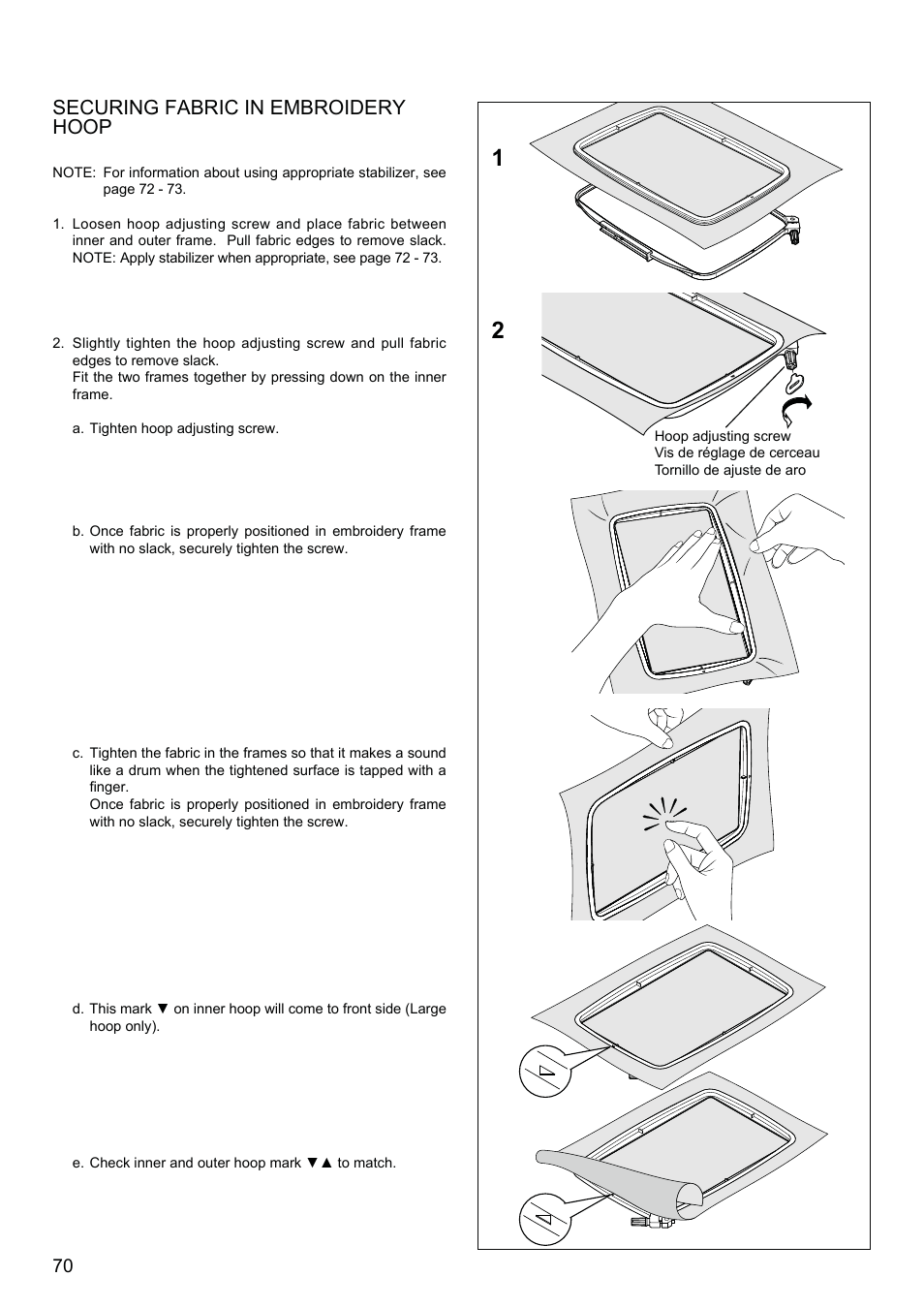 Securing fabric in embroidery hoop | SINGER XL-580 User Manual | Page 72 / 136