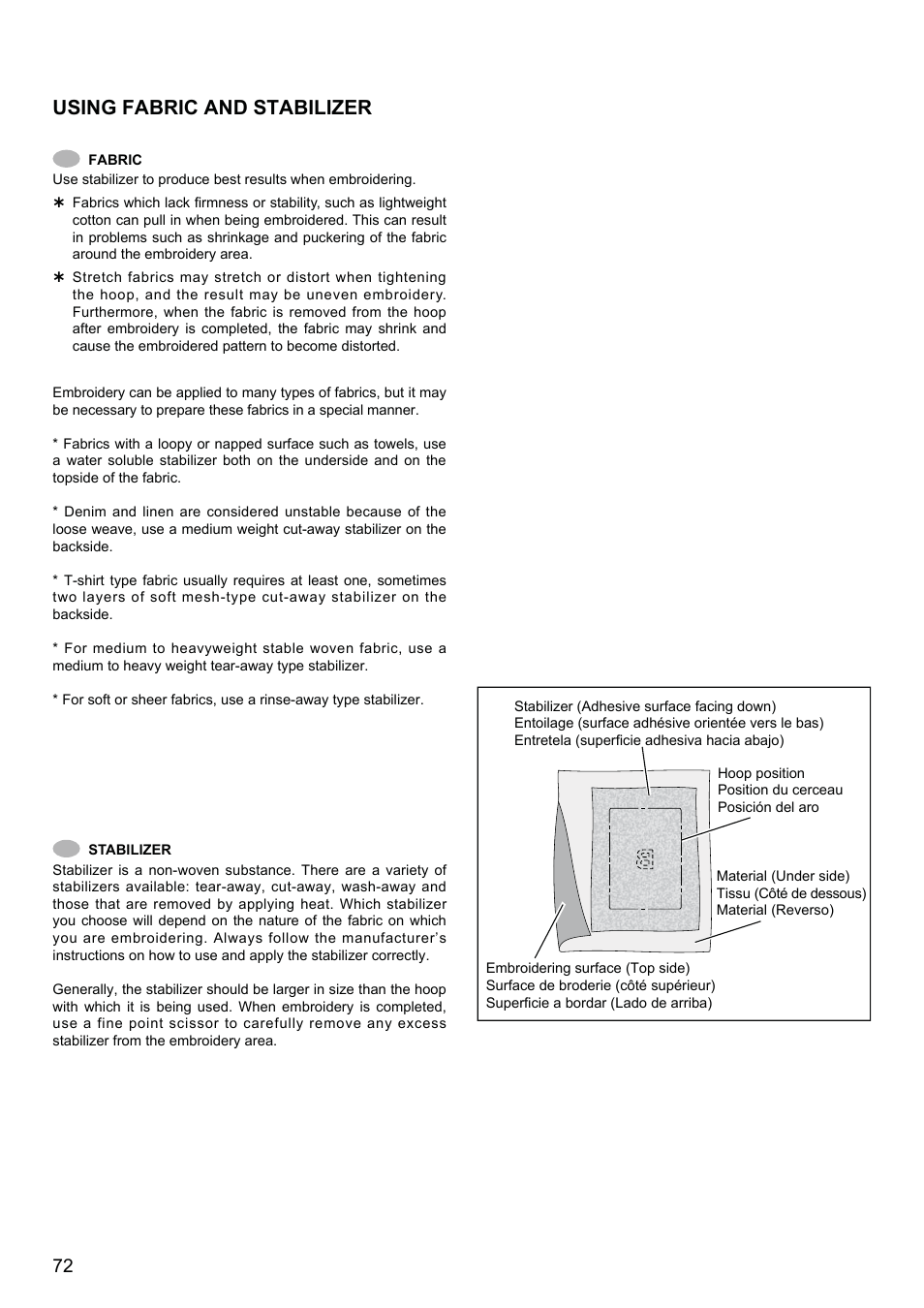 Using fabric and stabilizer | SINGER XL-580 User Manual | Page 74 / 136