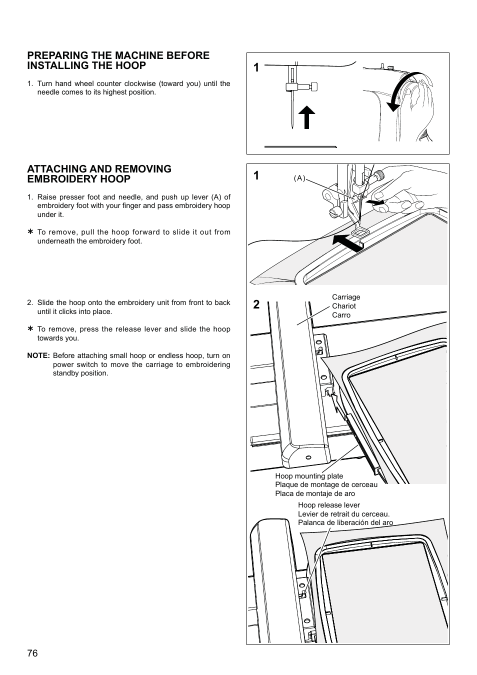 Preparing the machine before installing the hoop, Attaching and removing embroidery hoop | SINGER XL-580 User Manual | Page 78 / 136