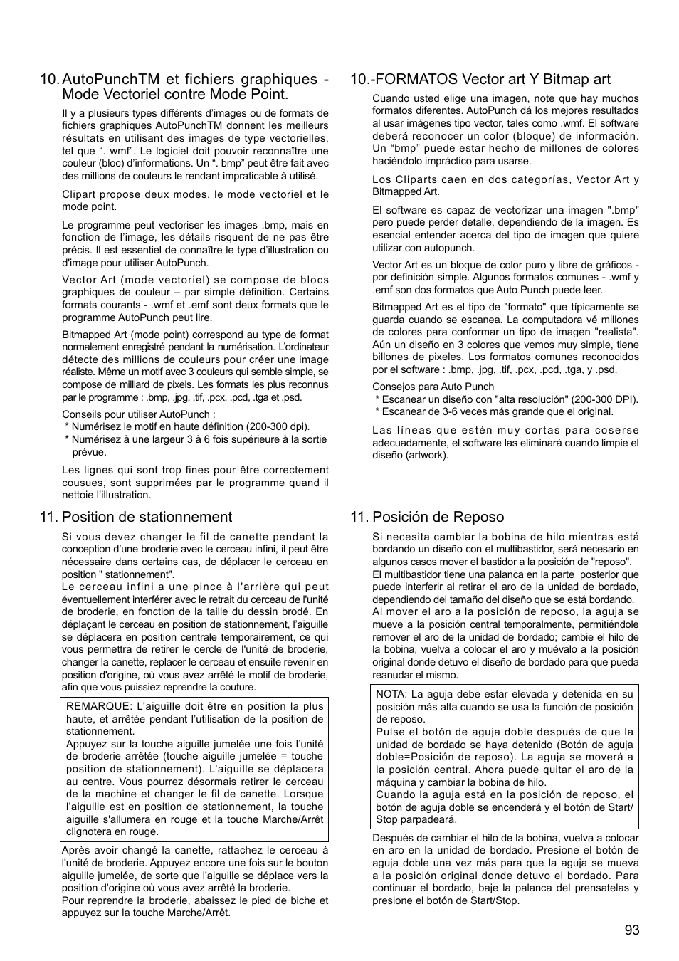 Formatos vector art y bitmap art, Position de stationnement, Posición de reposo | SINGER XL-580 User Manual | Page 95 / 136