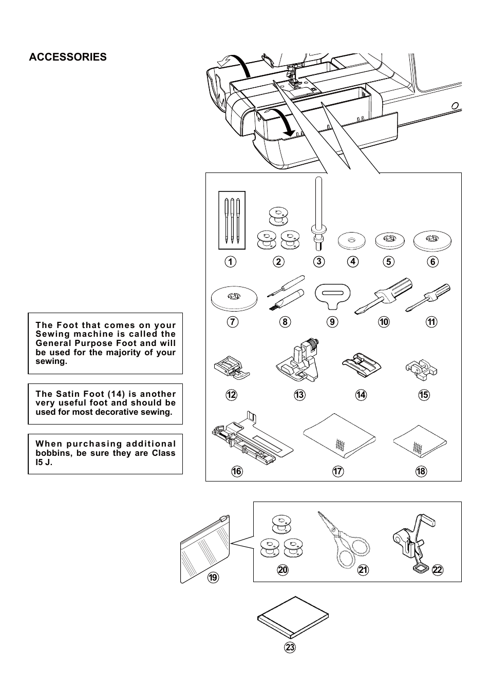 Accessories for sewing machine, For embroidery | SINGER 5 FUTURA QUINTET Instruction Manual User Manual | Page 10 / 136