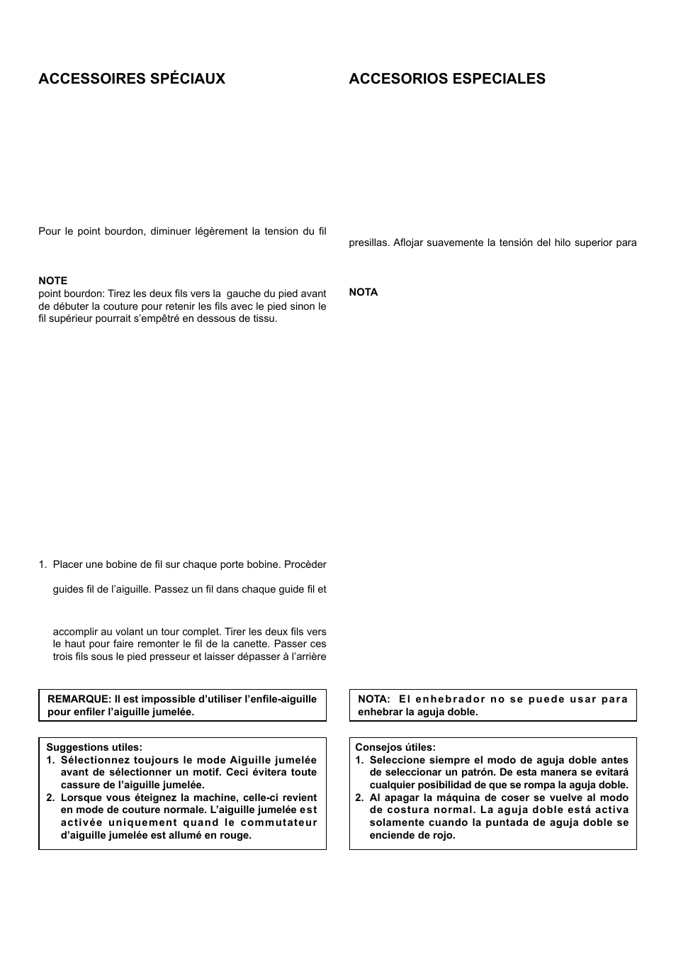 Pied pour point bourdon, Aiguille jumelée, Enfilage de l’aiguille jumelée | Dos agujas, Enhebrado de dos agujas, Pie prensatelas para coser en saten, Accessoires spéciaux accesorios especiales | SINGER 5 FUTURA QUINTET Instruction Manual User Manual | Page 117 / 136