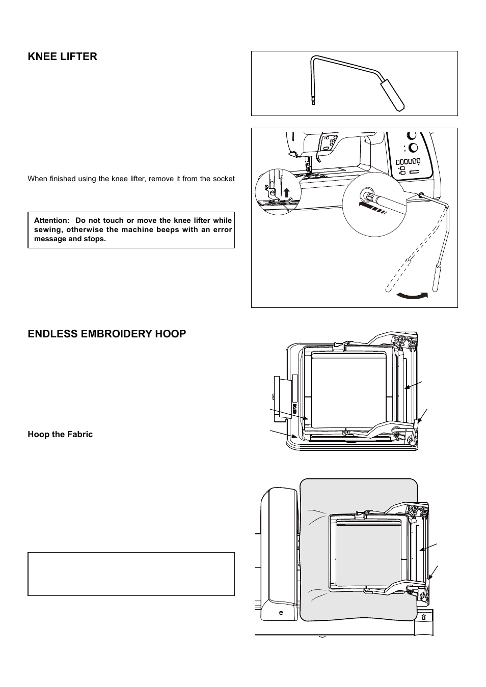 Knee lifter, Endless embroidery hoop | SINGER 5 FUTURA QUINTET Instruction Manual User Manual | Page 118 / 136