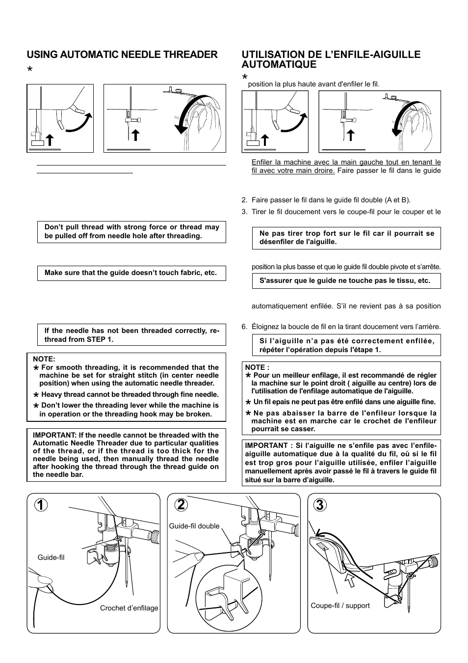 Utilisation de l’enfile-aiguille automatique, Using automatic needle threader | SINGER 5 FUTURA QUINTET Instruction Manual User Manual | Page 20 / 136