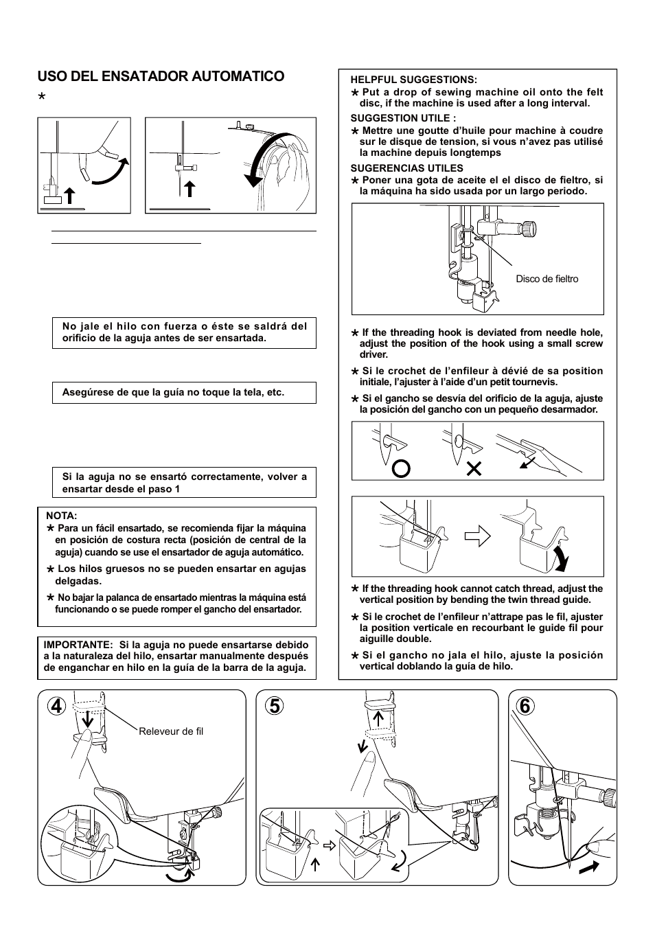 Uso del ensatador automatico | SINGER 5 FUTURA QUINTET Instruction Manual User Manual | Page 21 / 136