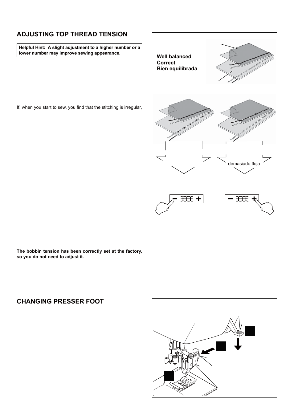 Changing presser foot, Adjusting top thread tension straight stitching, Bobbin tension | SINGER 5 FUTURA QUINTET Instruction Manual User Manual | Page 24 / 136