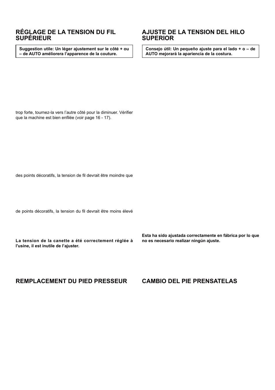 Réglage de la tension du fil supérieur, Ajuste de la tension del hilo superior, Point droit | Tension de la canette, Remplacement du pied presseur, Costura recta, Tensión bobina, Cambio del pie prensatelas | SINGER 5 FUTURA QUINTET Instruction Manual User Manual | Page 25 / 136