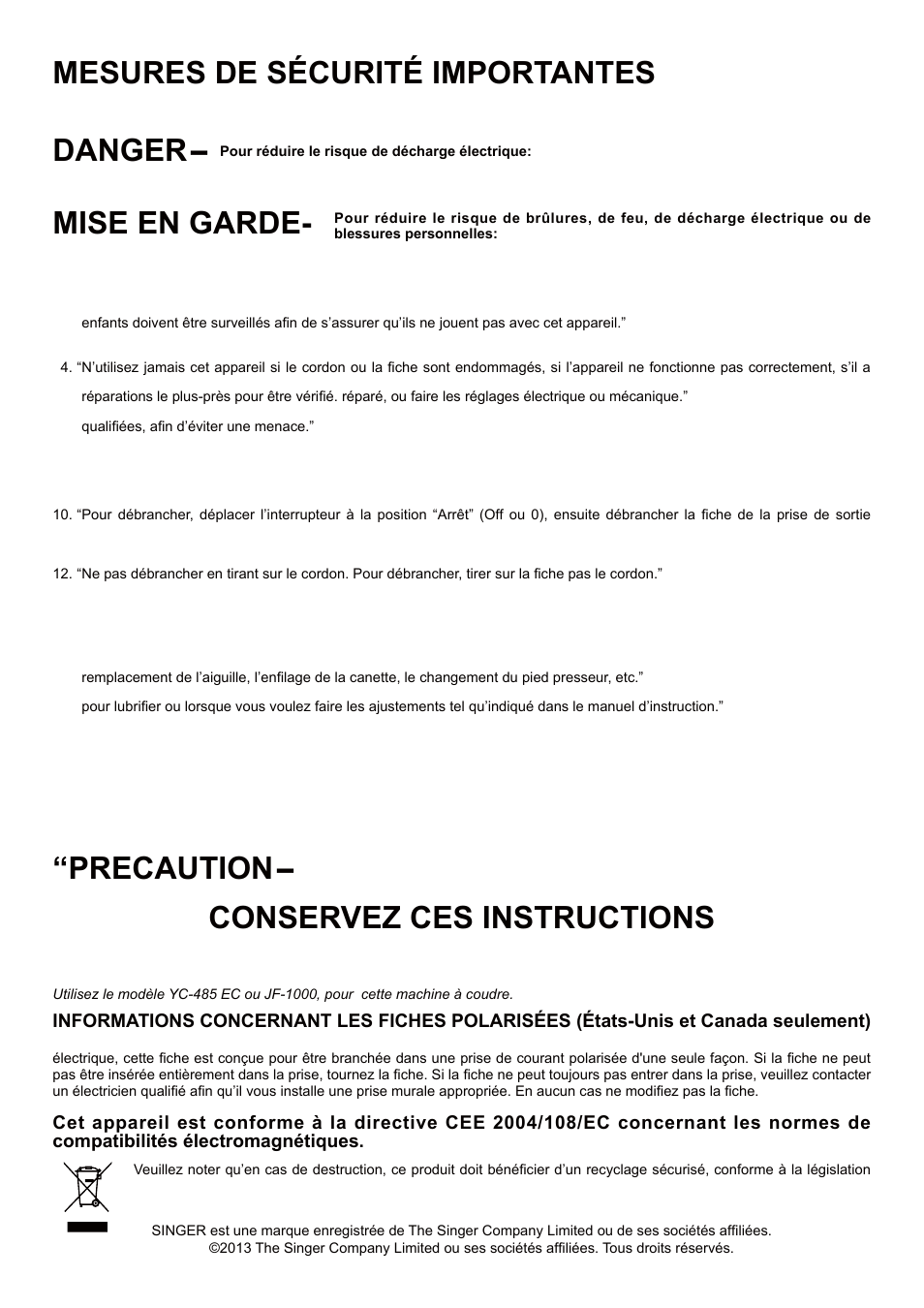 Precaution, Conservez ces instructions | SINGER 5 FUTURA QUINTET Instruction Manual User Manual | Page 3 / 136