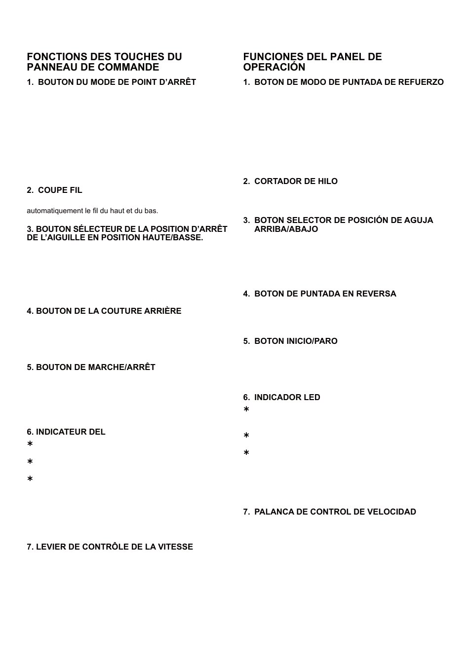 Fonctions des touches du panneau de commande, Funciones del panel de operación | SINGER 5 FUTURA QUINTET Instruction Manual User Manual | Page 33 / 136