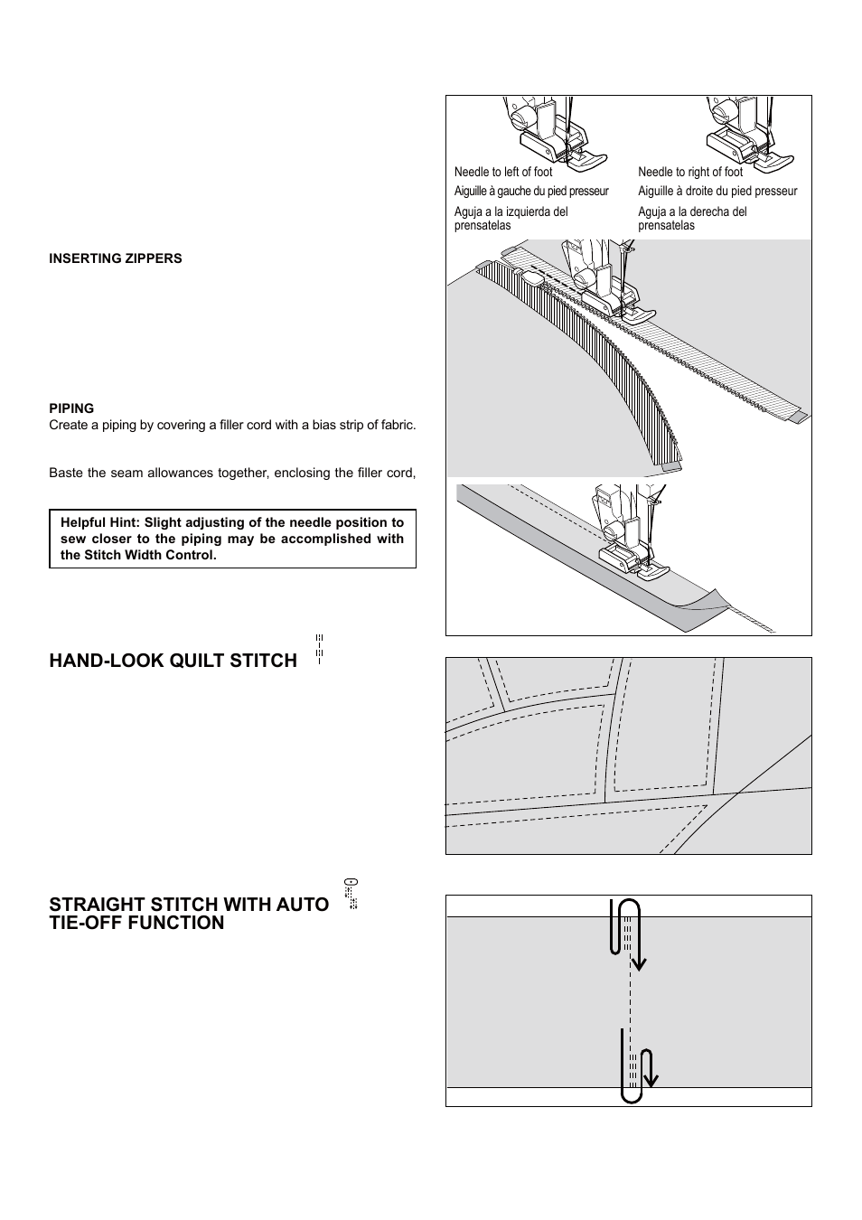 Inserting zippers and piping, Hand-look quilt stitch, Straight stitch with auto tie-off function | SINGER 5 FUTURA QUINTET Instruction Manual User Manual | Page 40 / 136