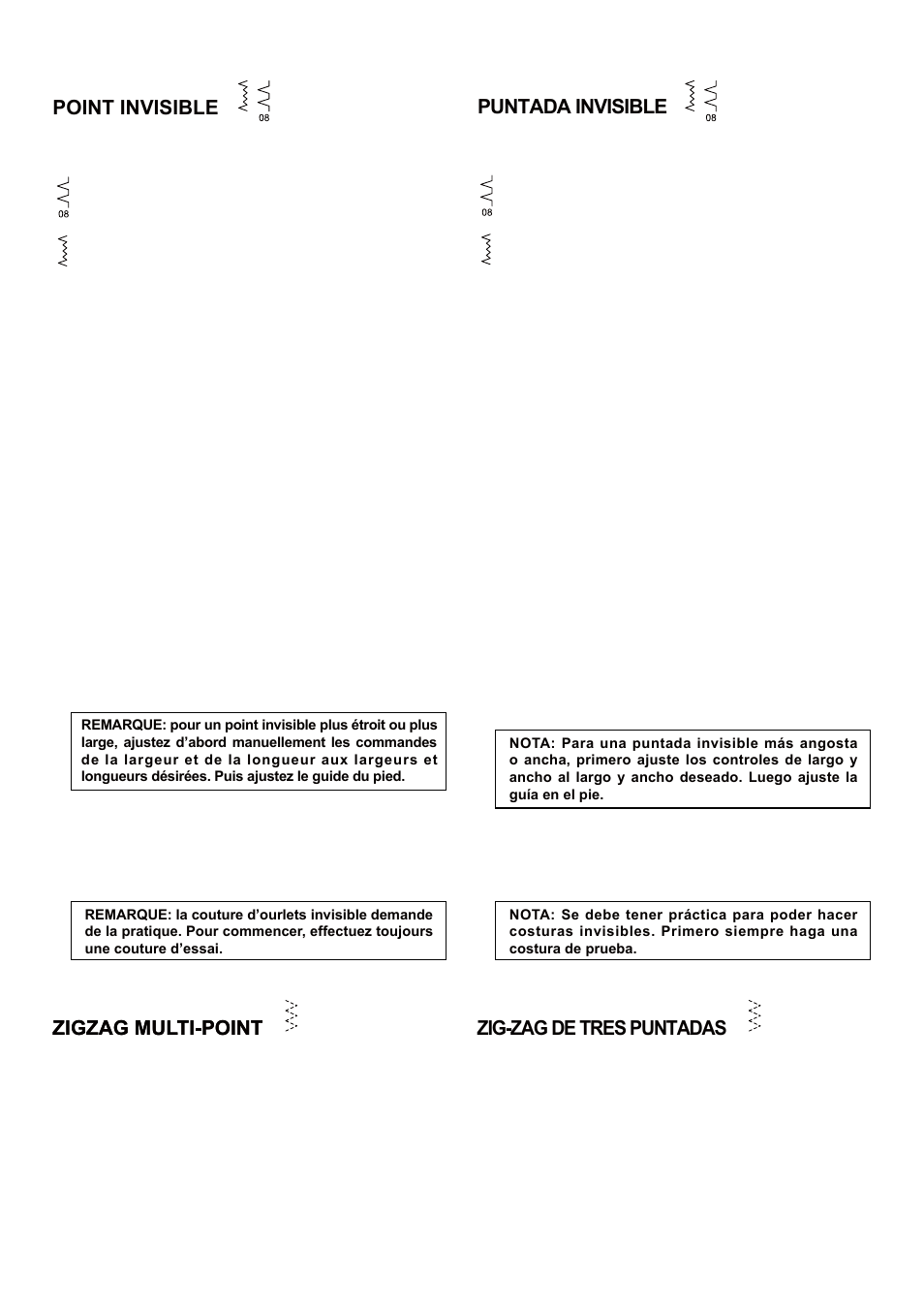 Point invisible, Puntada invisible, Zigzag multi-point | Zig-zag de tres puntadas | SINGER 5 FUTURA QUINTET Instruction Manual User Manual | Page 45 / 136