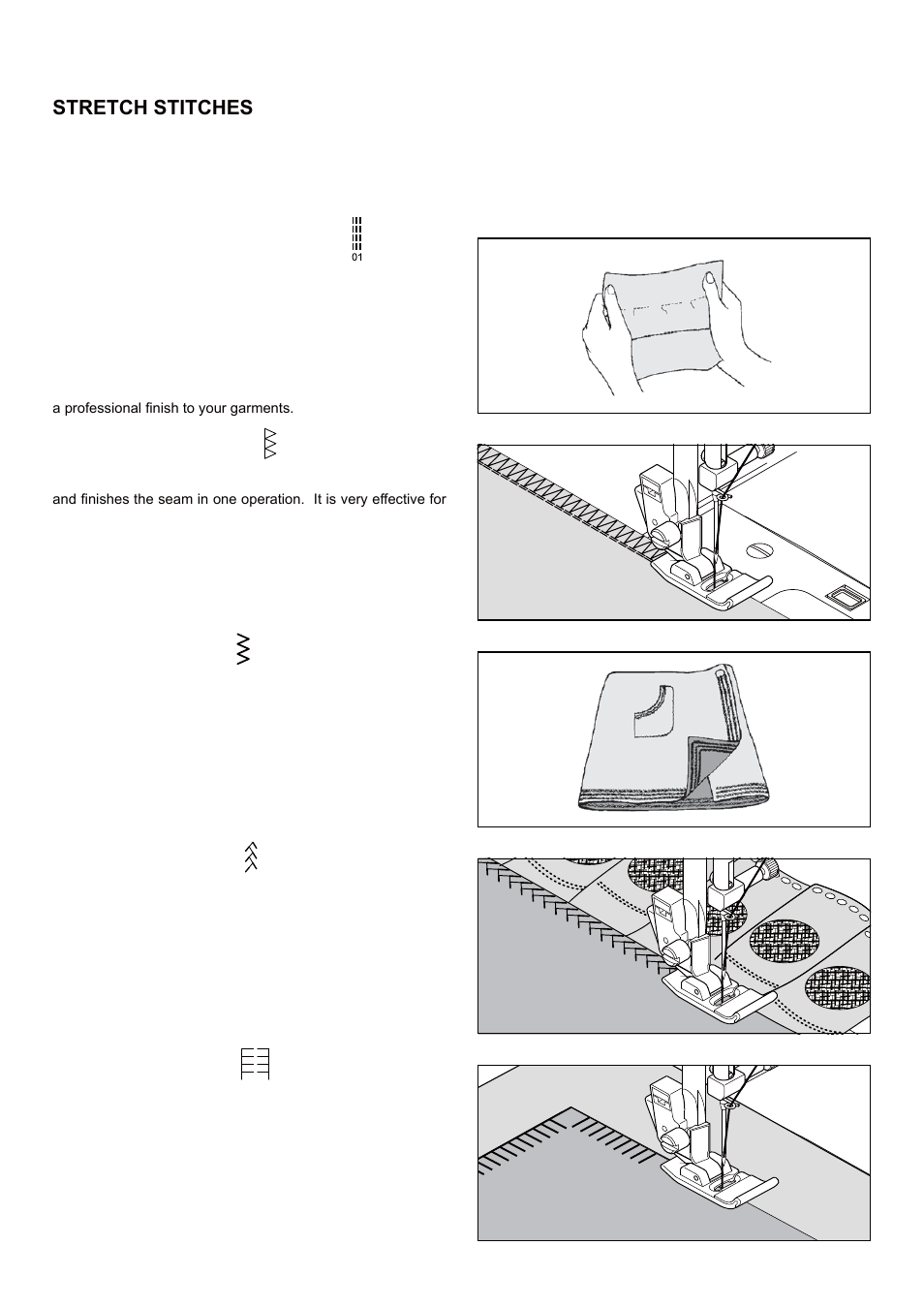 Stretch stitches, Straight stretch stitch, Overedge stitch | Ric-rac stitch, Feather stitch, Blanket stitch | SINGER 5 FUTURA QUINTET Instruction Manual User Manual | Page 46 / 136