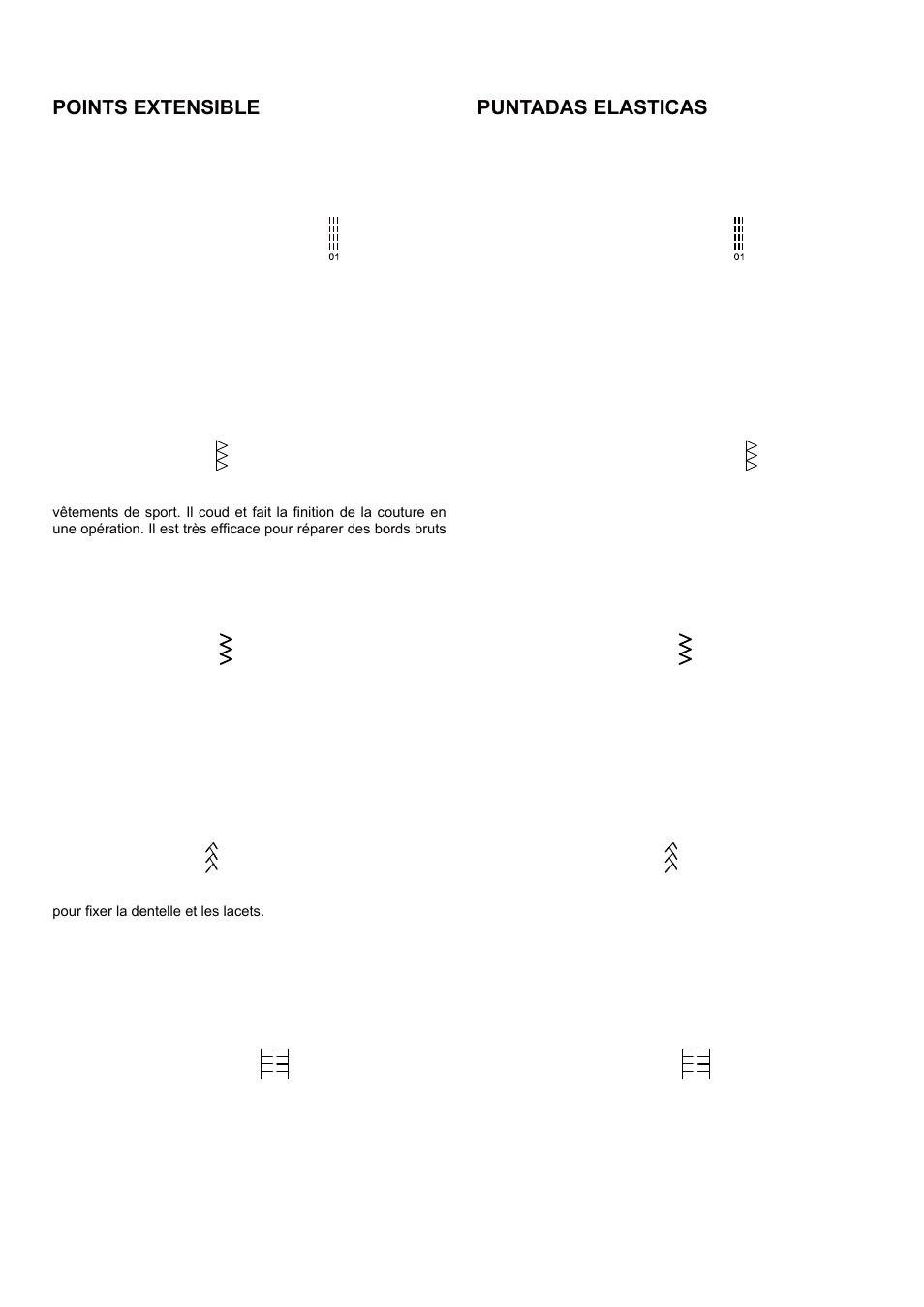 Point plume, Puntada pluma, Point languette | Punto de ribete, Point ric rac, Puntada ric rac, Points extensible, Point droit extensible, Puntadas elasticas, Puntada recta triple | SINGER 5 FUTURA QUINTET Instruction Manual User Manual | Page 47 / 136