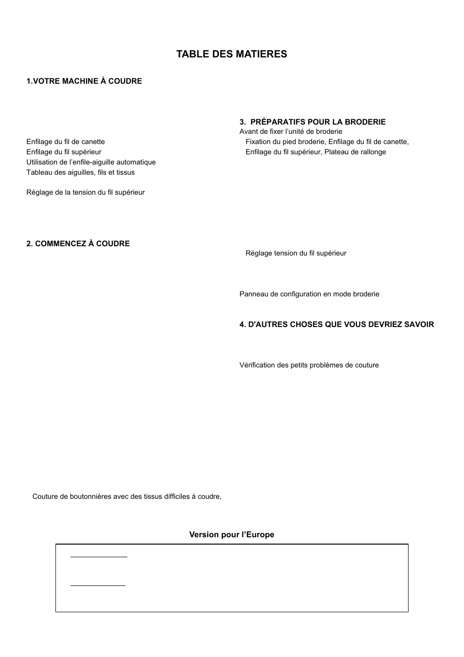 Table des matieres | SINGER 5 FUTURA QUINTET Instruction Manual User Manual | Page 6 / 136