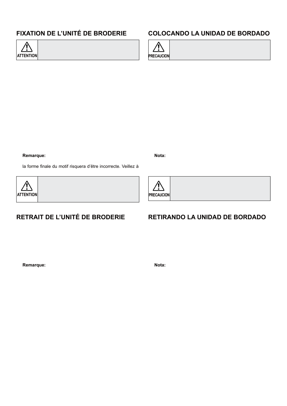 Fixation de l’unité de broderie, Colocando la unidad de bordado, Retrait de l’unité de broderie | Retirando la unidad de bordado | SINGER 5 FUTURA QUINTET Instruction Manual User Manual | Page 71 / 136