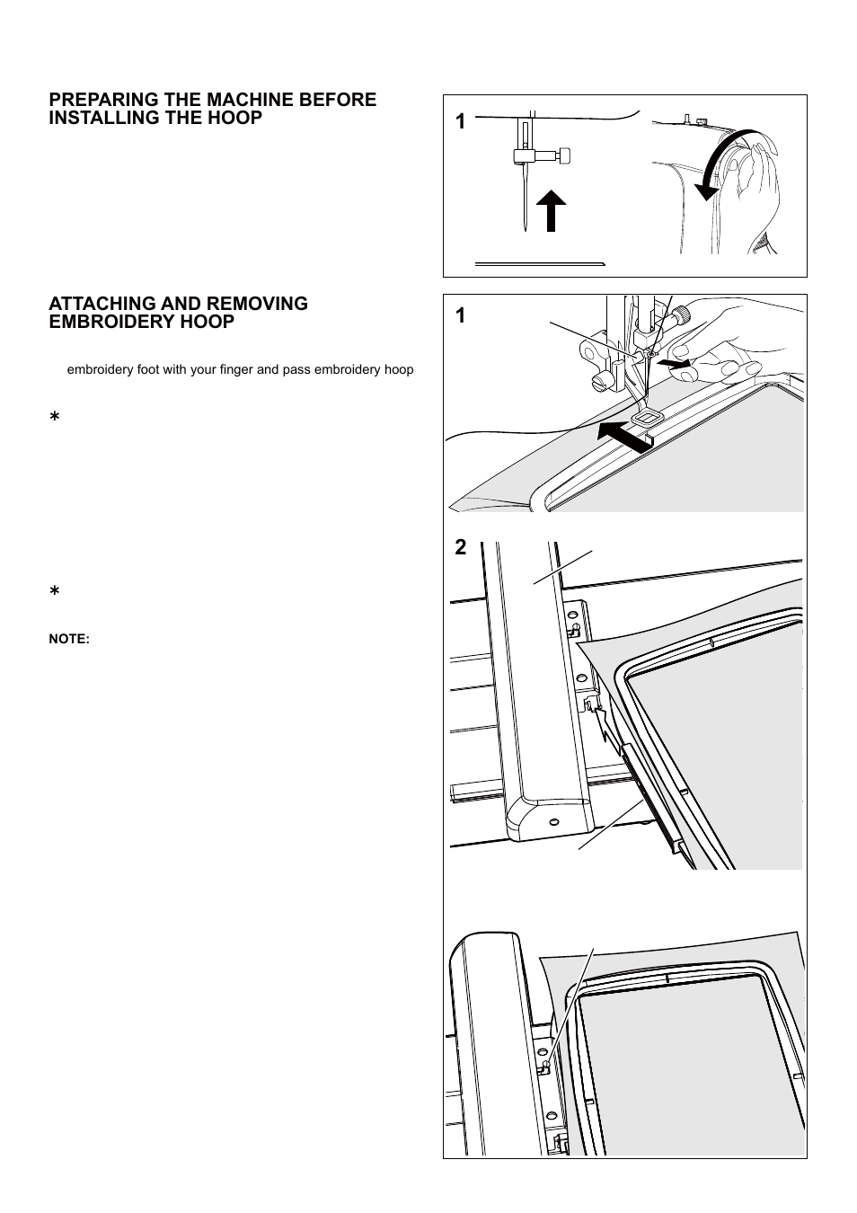 Preparing the machine before installing the hoop, Attaching and removing embroidery hoop | SINGER 5 FUTURA QUINTET Instruction Manual User Manual | Page 78 / 136