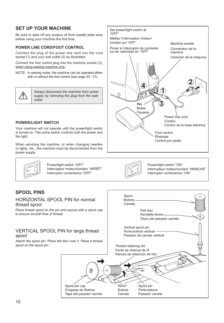 Set up your machine, Vertical spool pin for large thread spool | SINGER XL-550 FUTURA Instruction Manual User Manual | Page 10 / 120