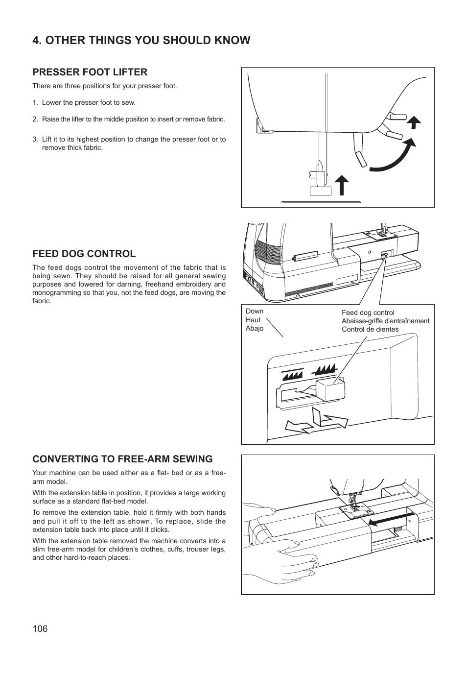 Other things you should know, Presser foot lifter, Feed dog control | Converting to free-arm sewing | SINGER XL-550 FUTURA Instruction Manual User Manual | Page 106 / 120