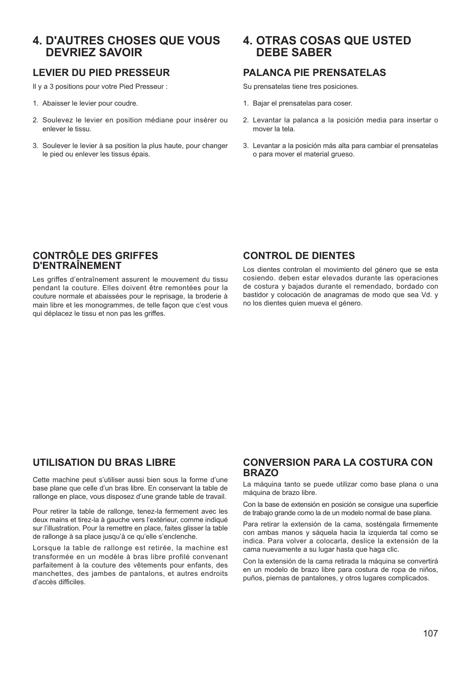 Levier du pied presseur, Palanca pie prensatelas, Contrôle des griffes d'entraînement | Control de dientes, Utilisation du bras libre, Conversion para la costura con brazo | SINGER XL-550 FUTURA Instruction Manual User Manual | Page 107 / 120