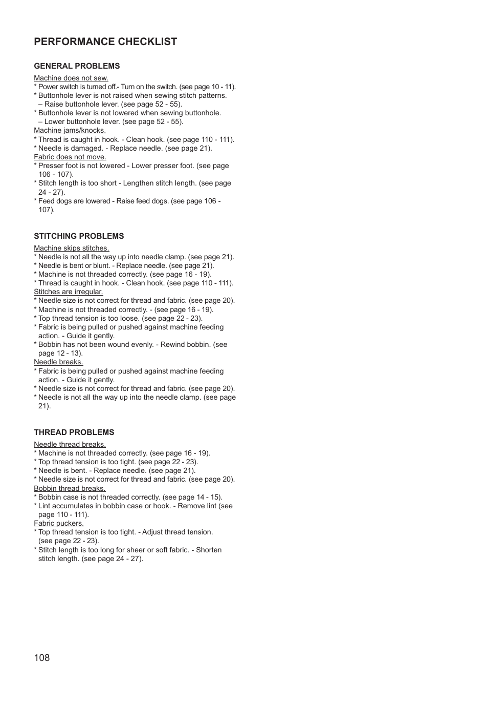 Performance checklist | SINGER XL-550 FUTURA Instruction Manual User Manual | Page 108 / 120