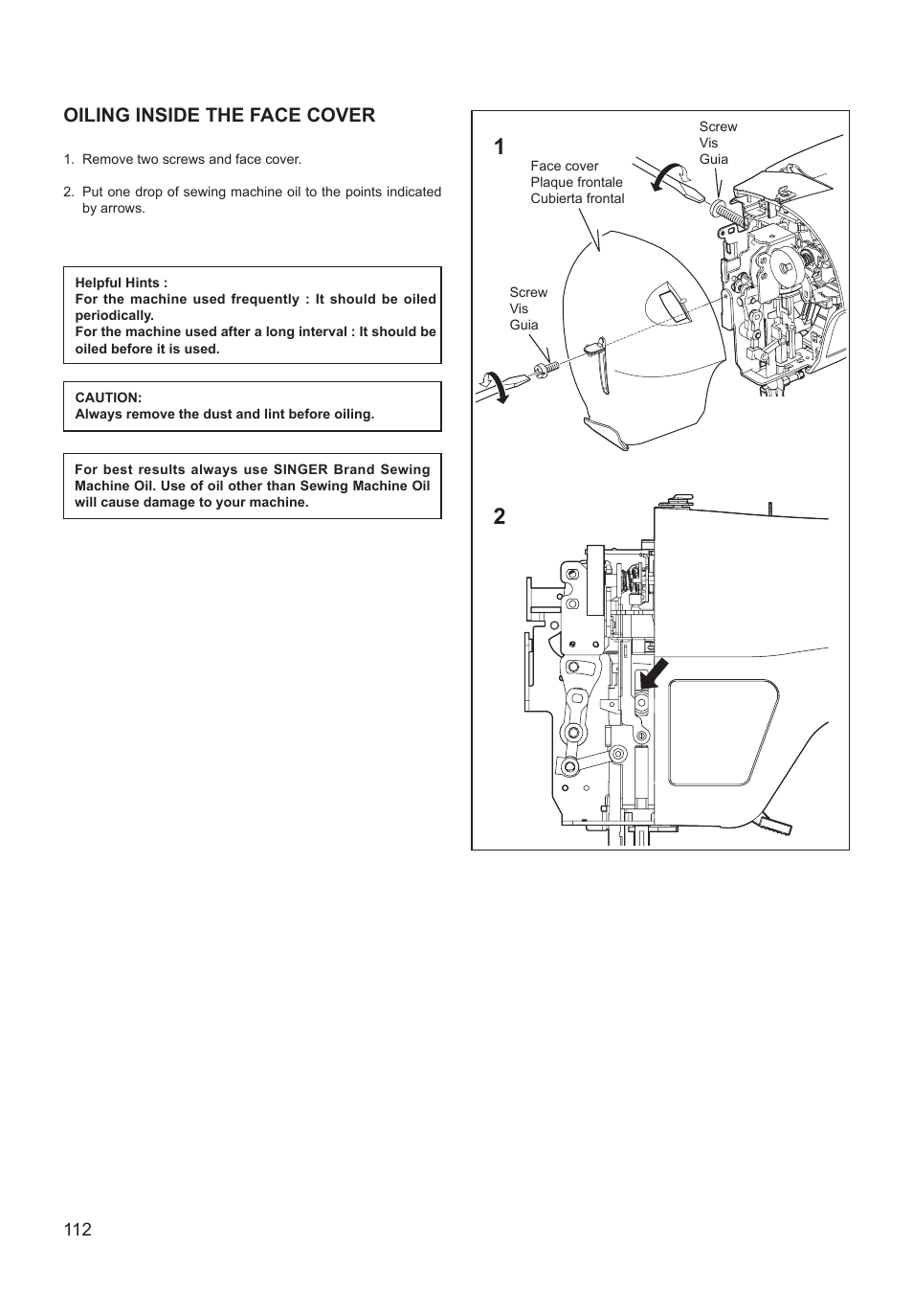 Oiling inside the face cover | SINGER XL-550 FUTURA Instruction Manual User Manual | Page 112 / 120