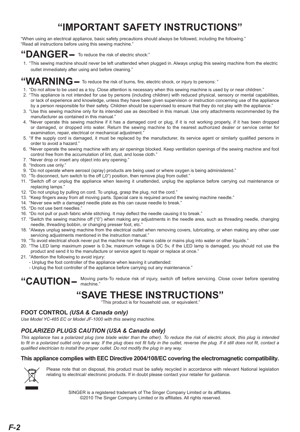 Important safety instructions” “warning, Save these instructions, Danger | Caution | SINGER XL-550 FUTURA Instruction Manual User Manual | Page 120 / 120