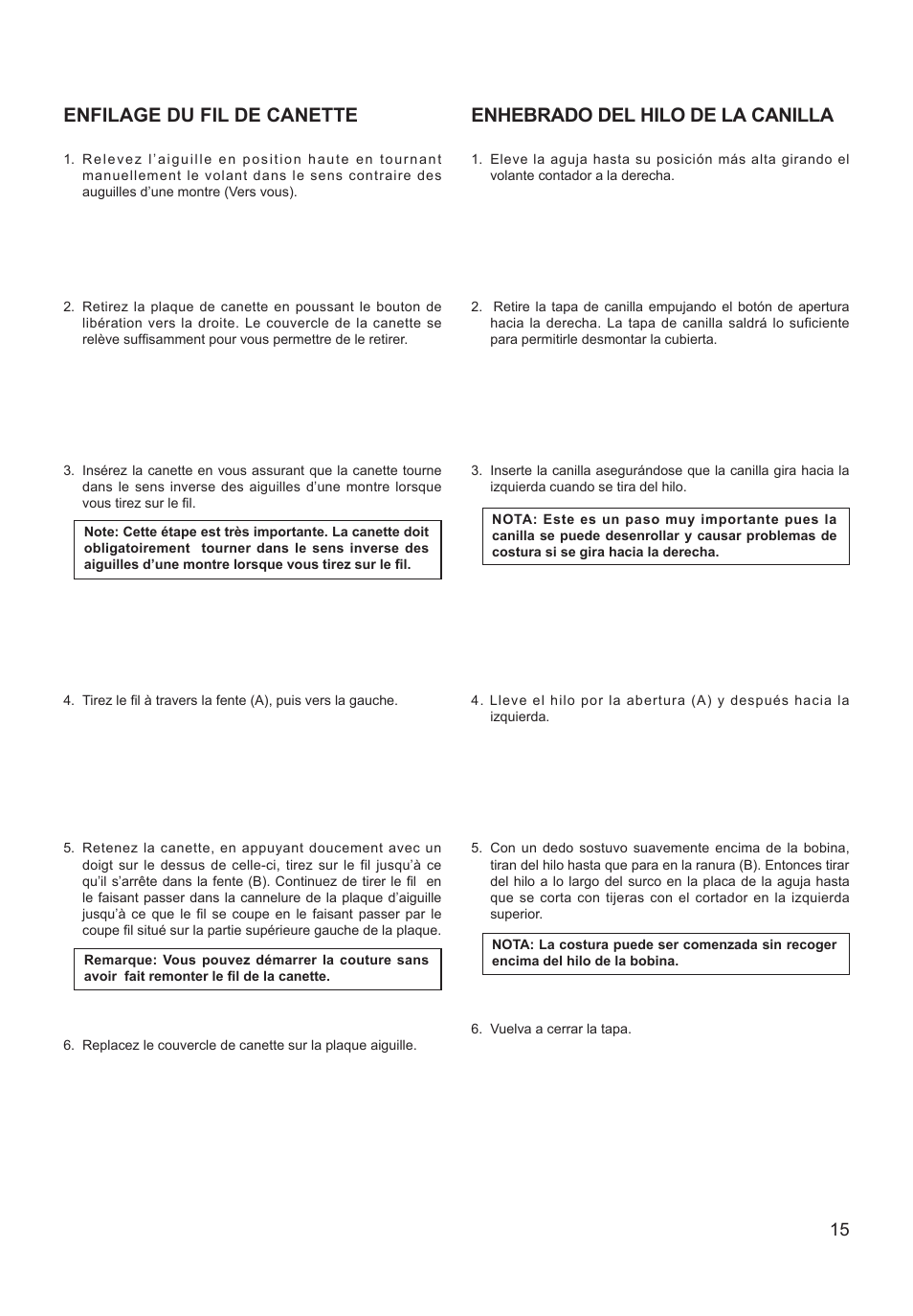 Enfilage du fil de canette, Enhebrado del hilo de la canilla | SINGER XL-550 FUTURA Instruction Manual User Manual | Page 15 / 120