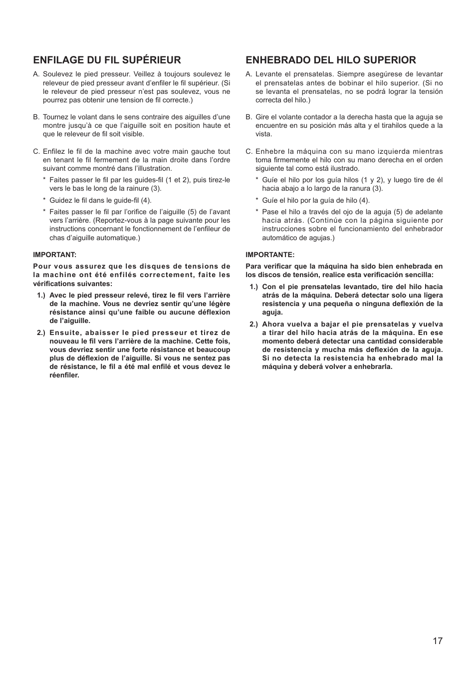 Enfilage du fil supérieur, Enhebrado del hilo superior | SINGER XL-550 FUTURA Instruction Manual User Manual | Page 17 / 120