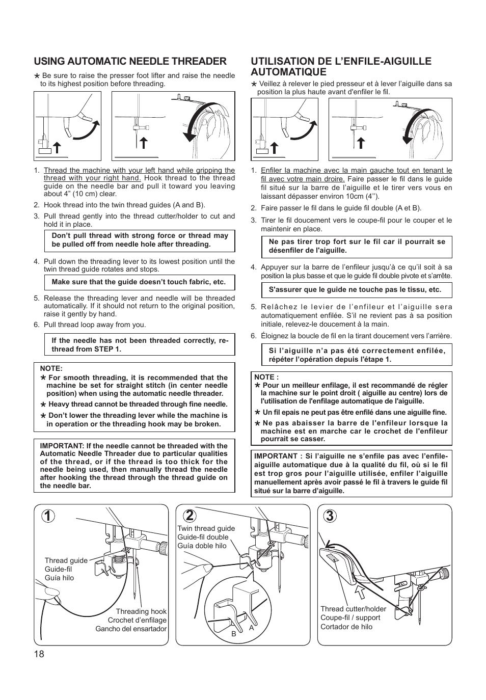 Utilisation de l’enfile-aiguille automatique, Using automatic needle threader | SINGER XL-550 FUTURA Instruction Manual User Manual | Page 18 / 120