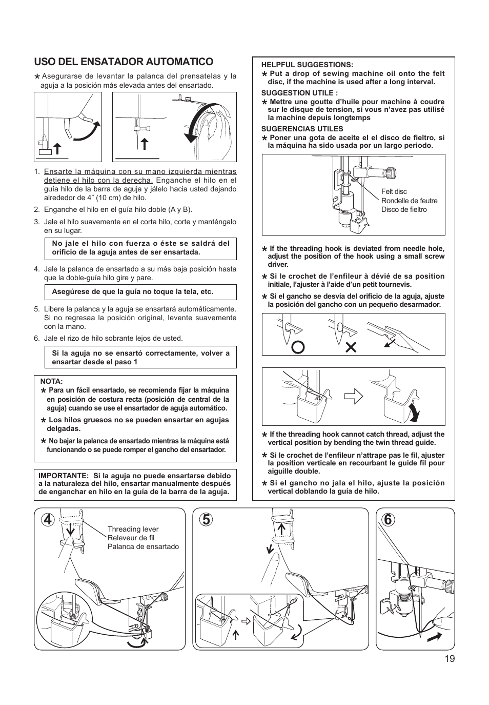 Uso del ensatador automatico | SINGER XL-550 FUTURA Instruction Manual User Manual | Page 19 / 120