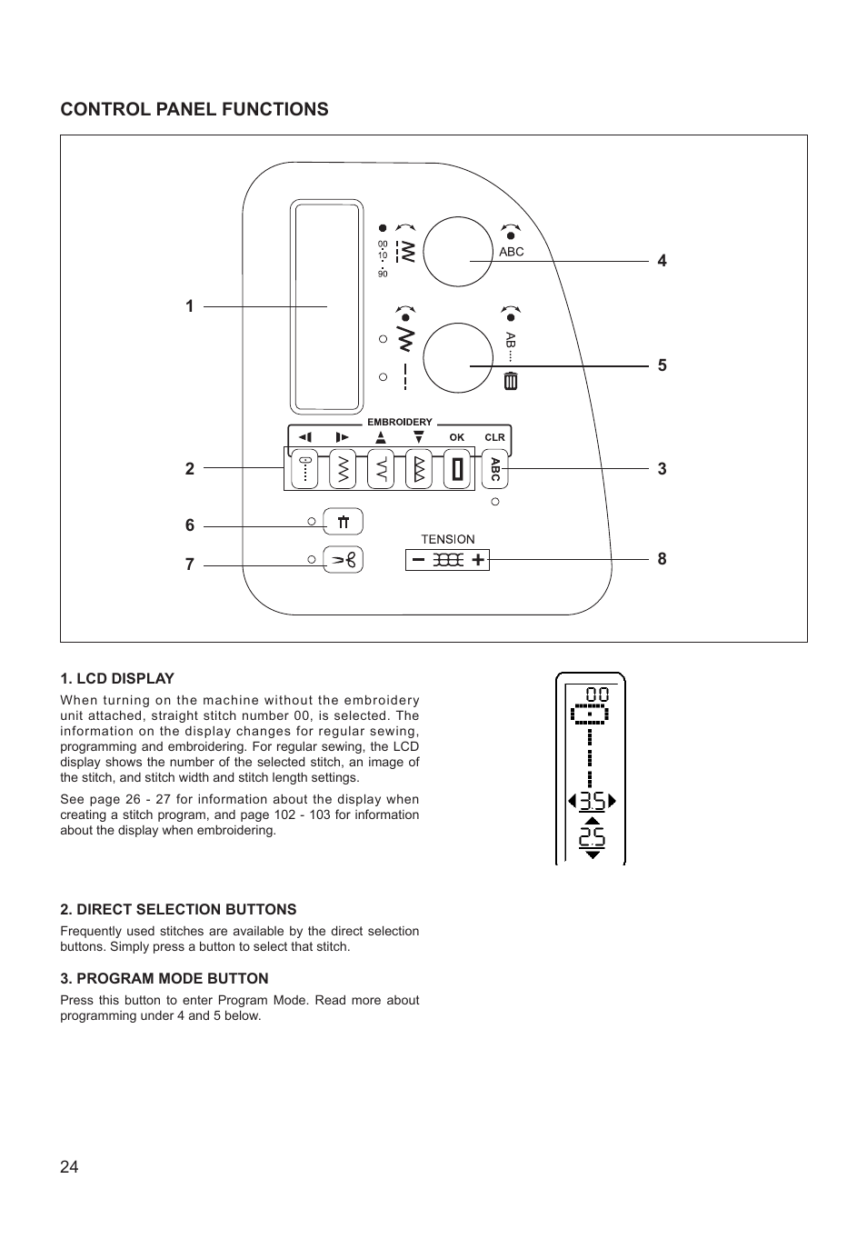 Control panel functions | SINGER XL-550 FUTURA Instruction Manual User Manual | Page 24 / 120