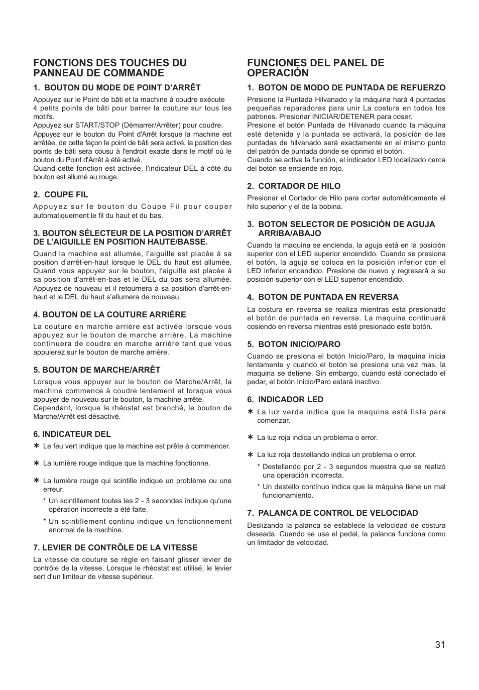 Fonctions des touches du panneau de commande, Funciones del panel de operación | SINGER XL-550 FUTURA Instruction Manual User Manual | Page 31 / 120