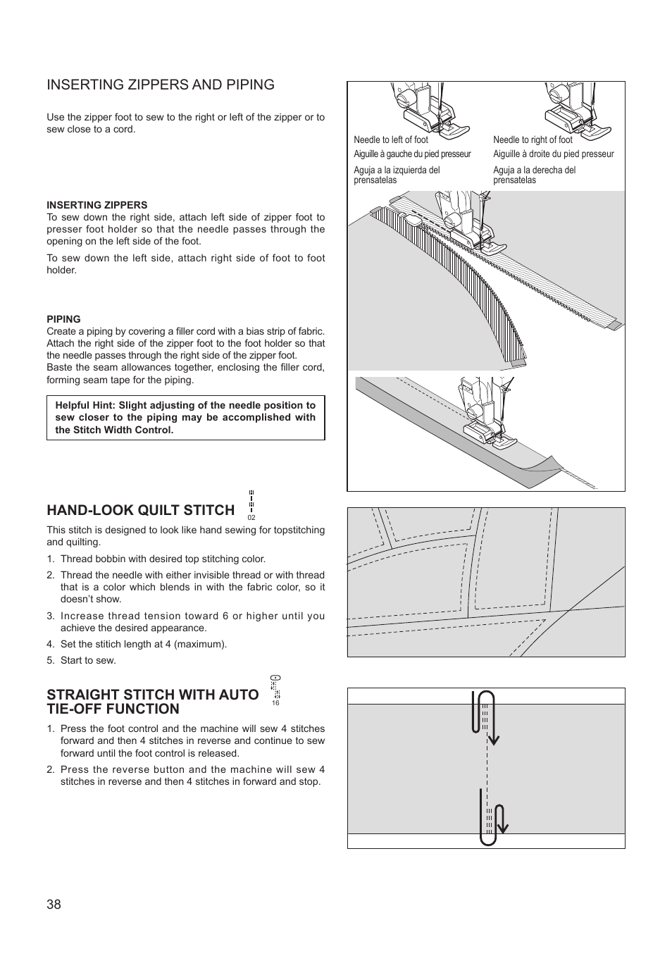 Inserting zippers and piping, Hand-look quilt stitch, Straight stitch with auto tie-off function | SINGER XL-550 FUTURA Instruction Manual User Manual | Page 38 / 120