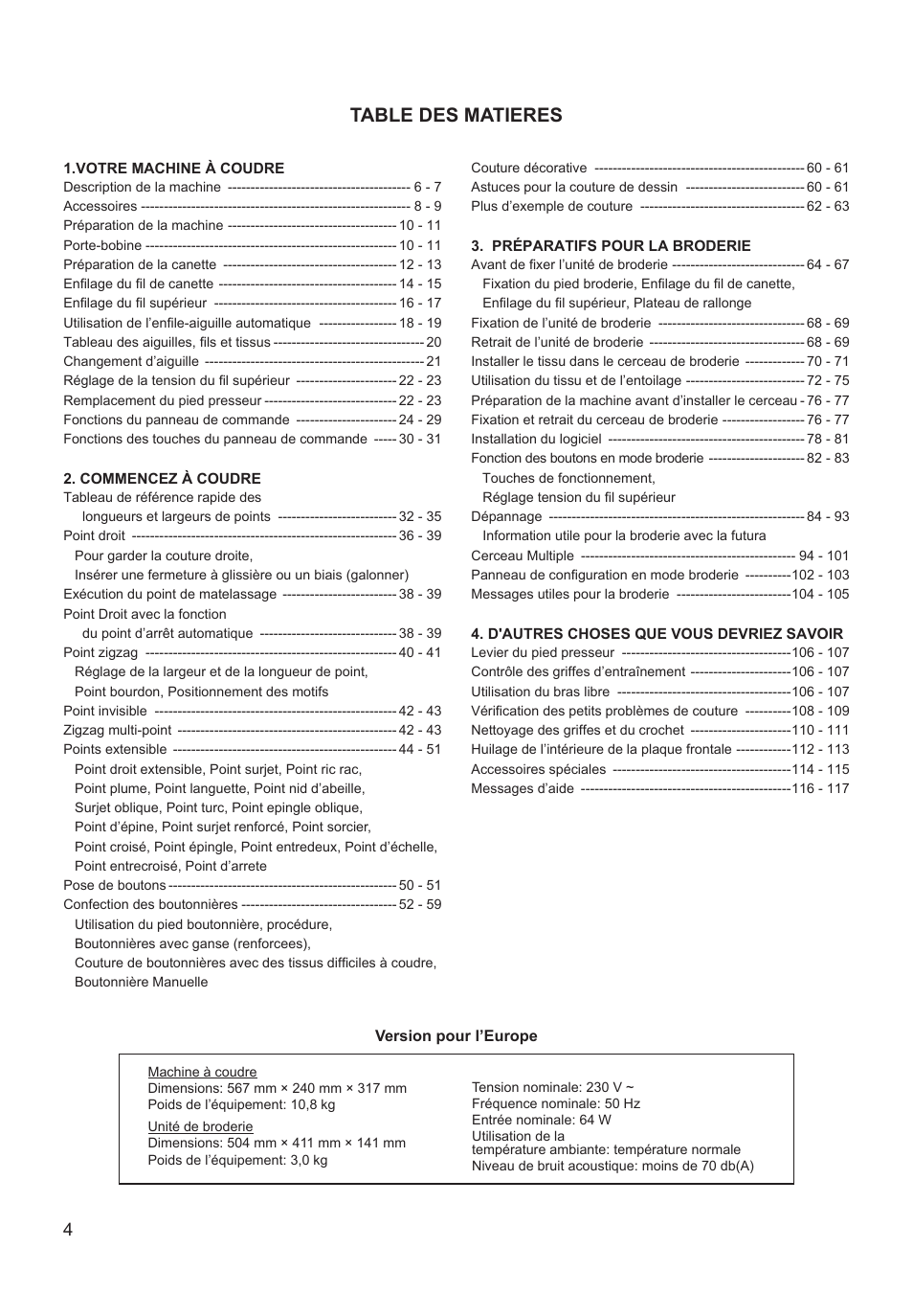 Table des matieres | SINGER XL-550 FUTURA Instruction Manual User Manual | Page 4 / 120