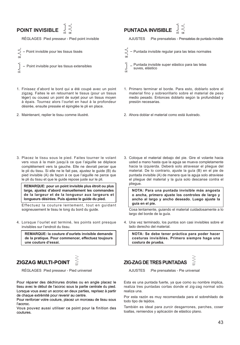 Point invisible, Puntada invisible, Zigzag multi-point | Zig-zag de tres puntadas | SINGER XL-550 FUTURA Instruction Manual User Manual | Page 43 / 120