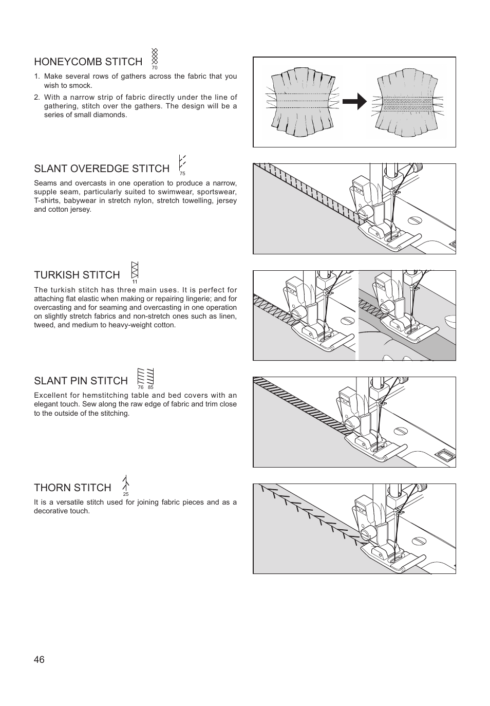 Thorn stitch, Honeycomb stitch, Slant overedge stitch | Turkish stitch, Slant pin stitch | SINGER XL-550 FUTURA Instruction Manual User Manual | Page 46 / 120