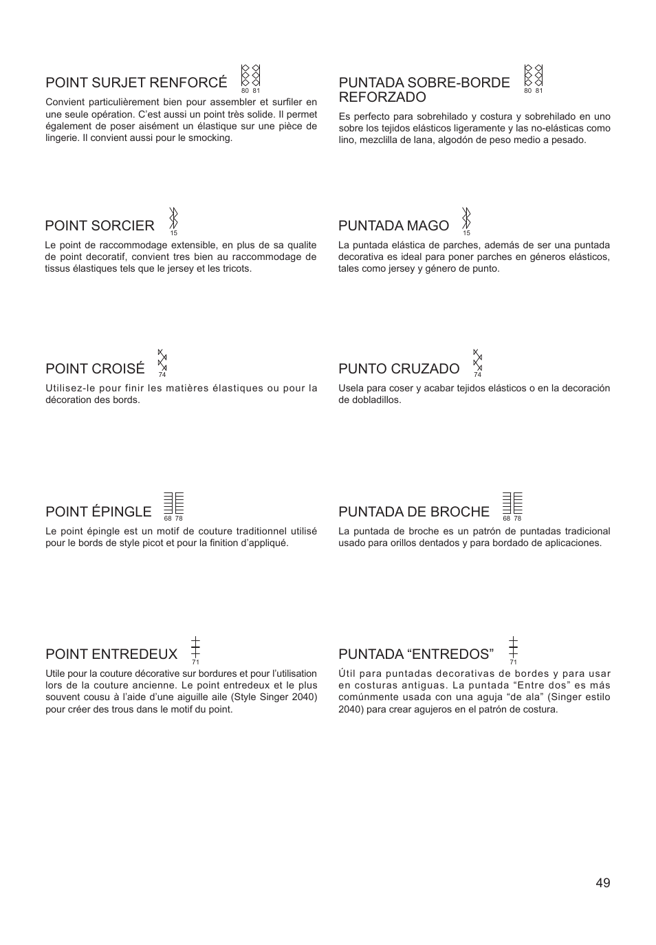 Point croisé, Punto cruzado, Point épingle | Puntada de broche, Point entredeux, Puntada “entredos, Point surjet renforcé, Point sorcier, Puntada sobre-borde reforzado, Puntada mago | SINGER XL-550 FUTURA Instruction Manual User Manual | Page 49 / 120